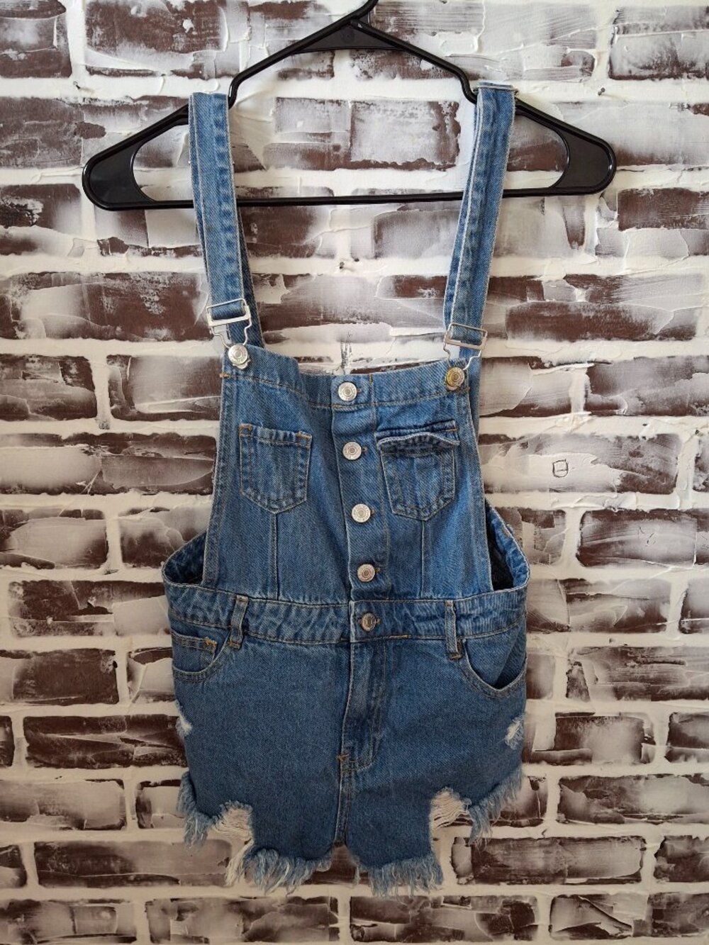 Forever 21 XS Denim Overalls Cutoff Shorts Button Front Adjustable Straps
